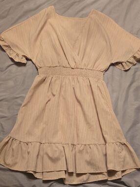 Neutral Cream Midi Dress with Smocked Waist